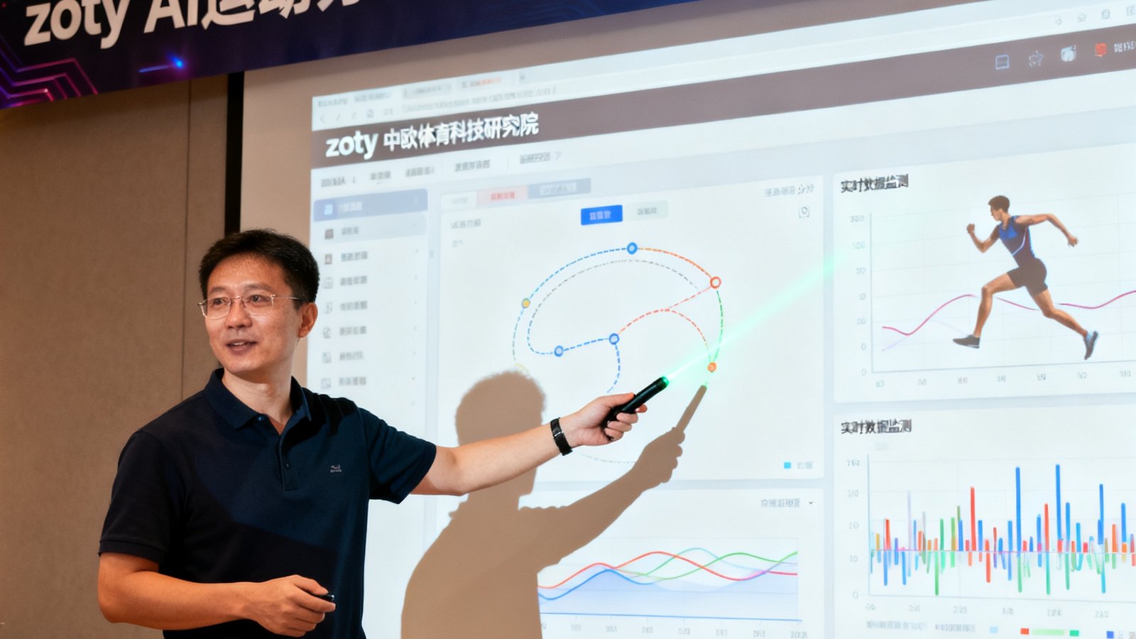 zoty中欧体育科技研究院举办的AI运动分析系统3.0版本发布会，技术团队正在演示新功能